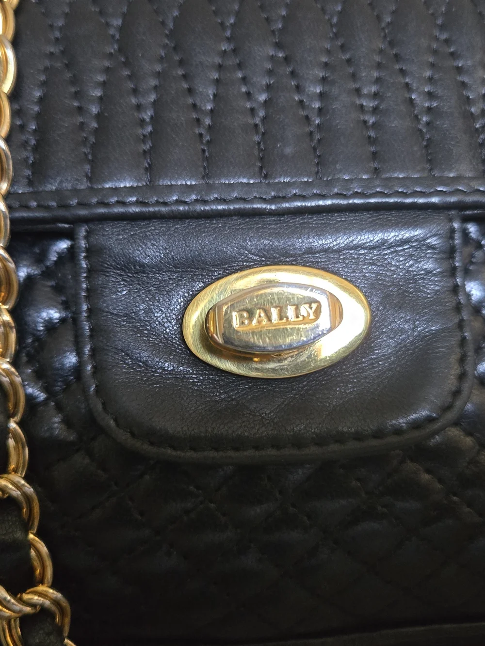 Quilted Vintage Bally Black Leather Chain Shoulder Bag with Gold Hardware